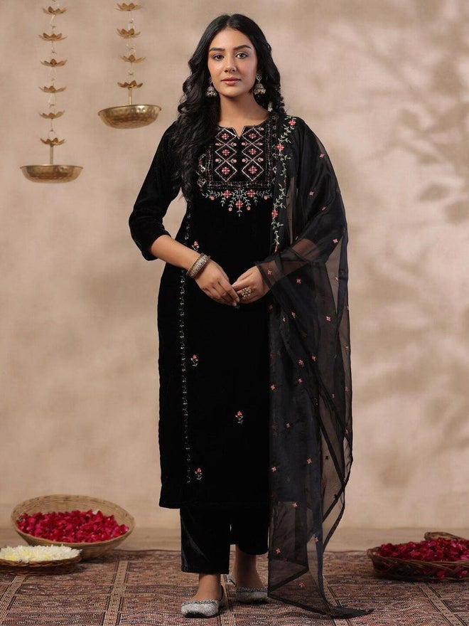 ISHIN 3-Piece Velvet Floral Zari Embroidered Kurta, Pants and Sheer Voile Butta Dupatta Set - Image 1